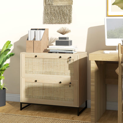2-Drawer Filing Cabinet with Lock, Rattan File Cabinet with Adjustable Hanging Bar, Natural