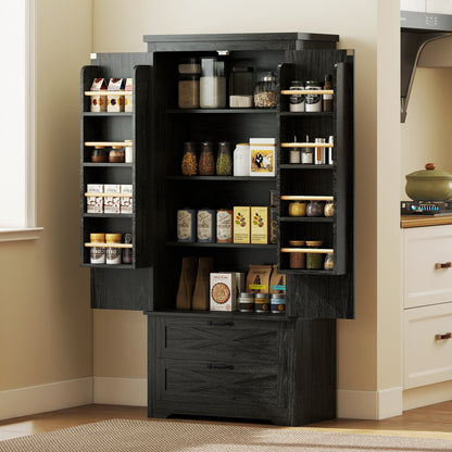 Farmhouse Kitchen Pantry Storage Cabinet, 64" Freestanding Kitchen Pantry Cabinet with Drawers, Distressed Black