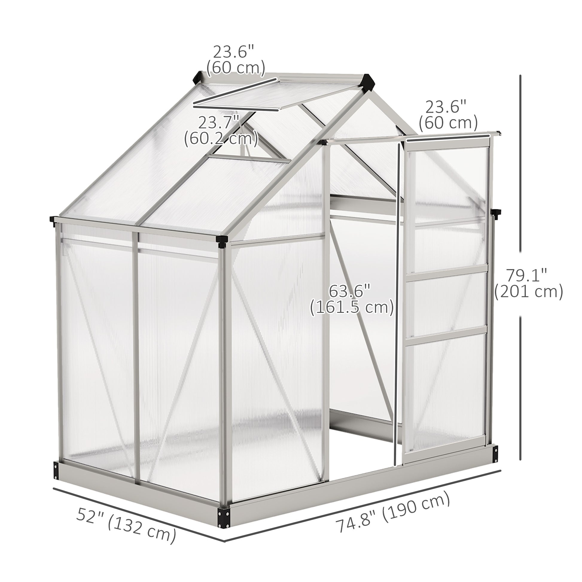 6' x 4' x 6.6' Polycarbonate Greenhouse, Walk-In Green House Kit Garden, Plants Grow, Galvanized Sheet Aluminum Frame with Rain Gutter, Vent and Sliding Door, Silver
