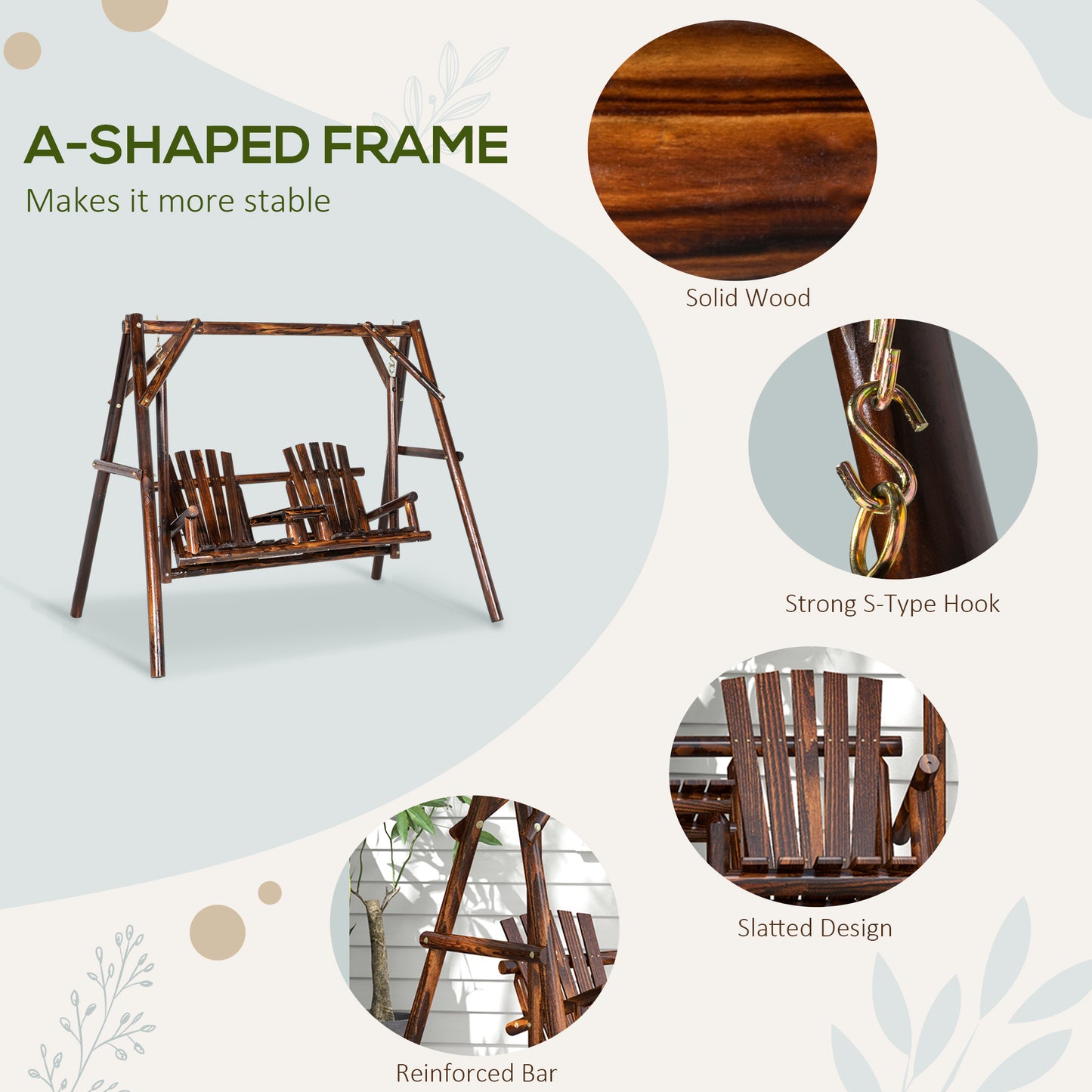 Wooden 2-Seat A-Frame Porch Swing Rustic Patio Bench Outdoor Furniture w/ Table
