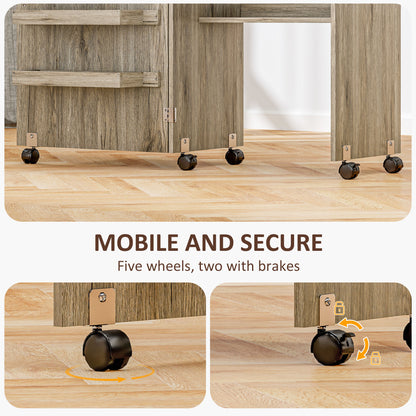 Sewing Machine Cabinet, Folding Sewing Table with Storage Shelf, Bins and Lockable Wheels for Small Space, Grey