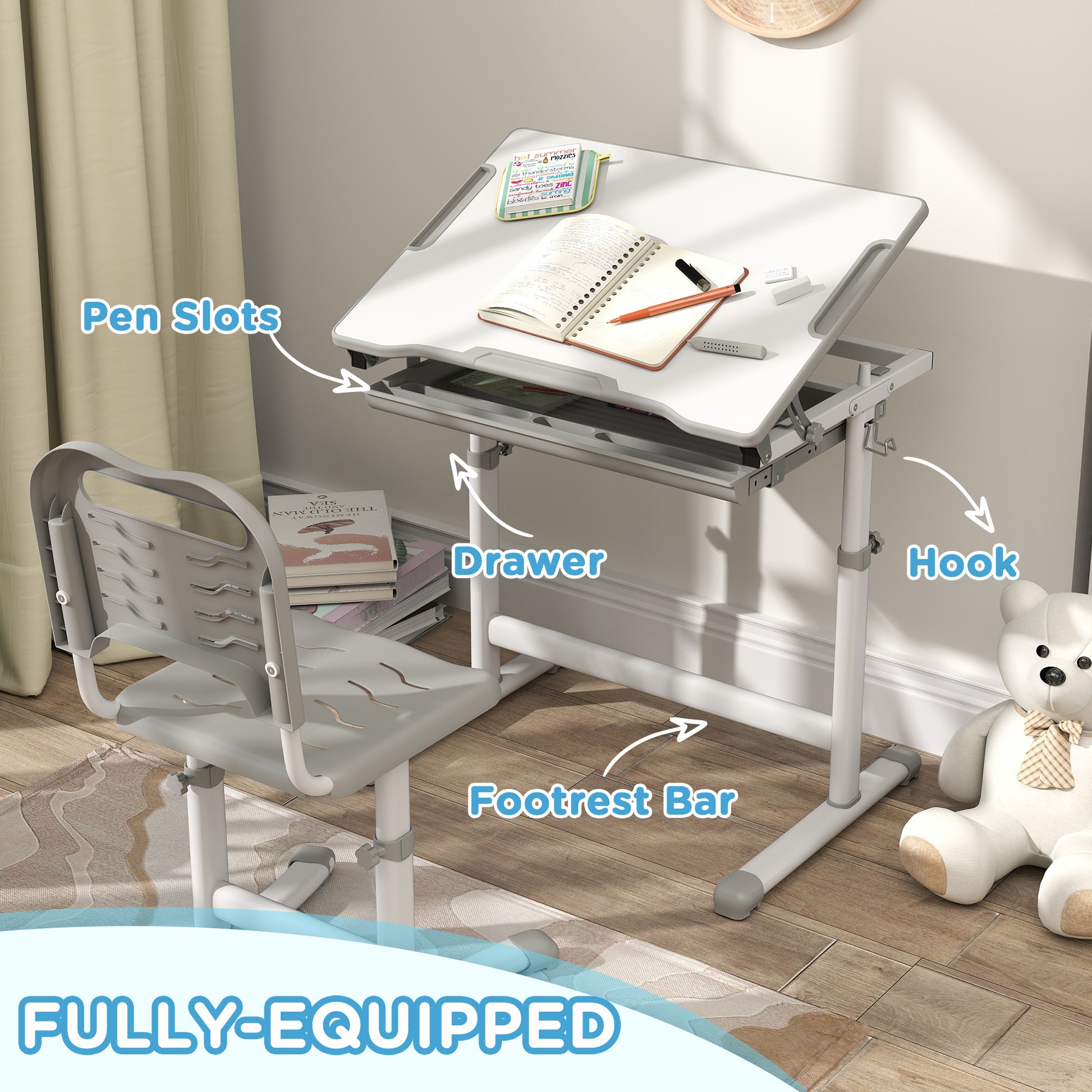 Qaba Height Adjustable Study Table and Chair Set with Drawer, Pen Slot, Tiltable Desktop, Hook, Grey