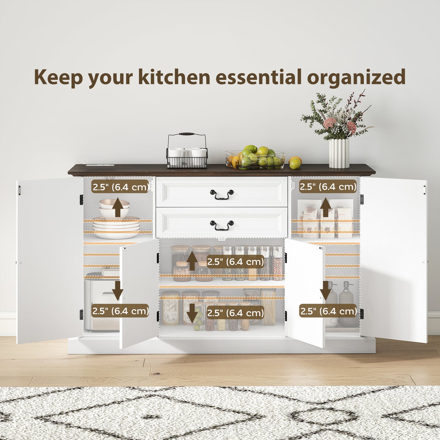Farmhouse Sideboard with Charging Station and Thickened Top, 58" Buffet Cabinet with 2 Soft-Close Drawers, White