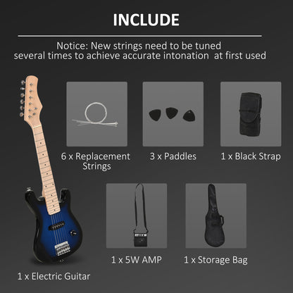 30 Inch Kids Electric Guitar 3/4 Size Beginner Starter Kit w/ 5W Amplifier, Strap, Strings, Picks, Carrying Case Blue/Black