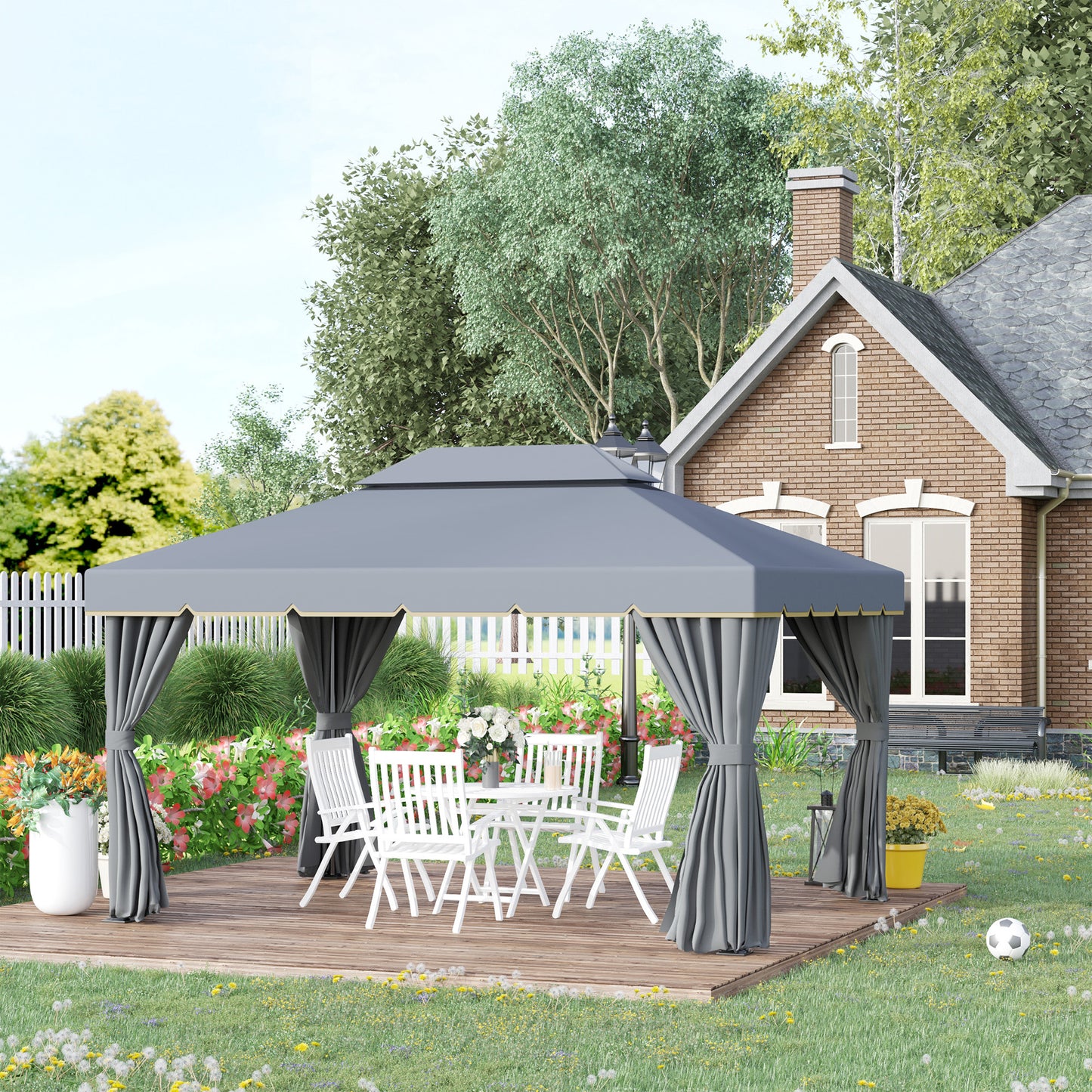 13' x 10' Patio Gazebo Canopy with 2-Tier Polyester Roof, Vented Mesh Sidewall & Strong Aluminum Frame, Grey