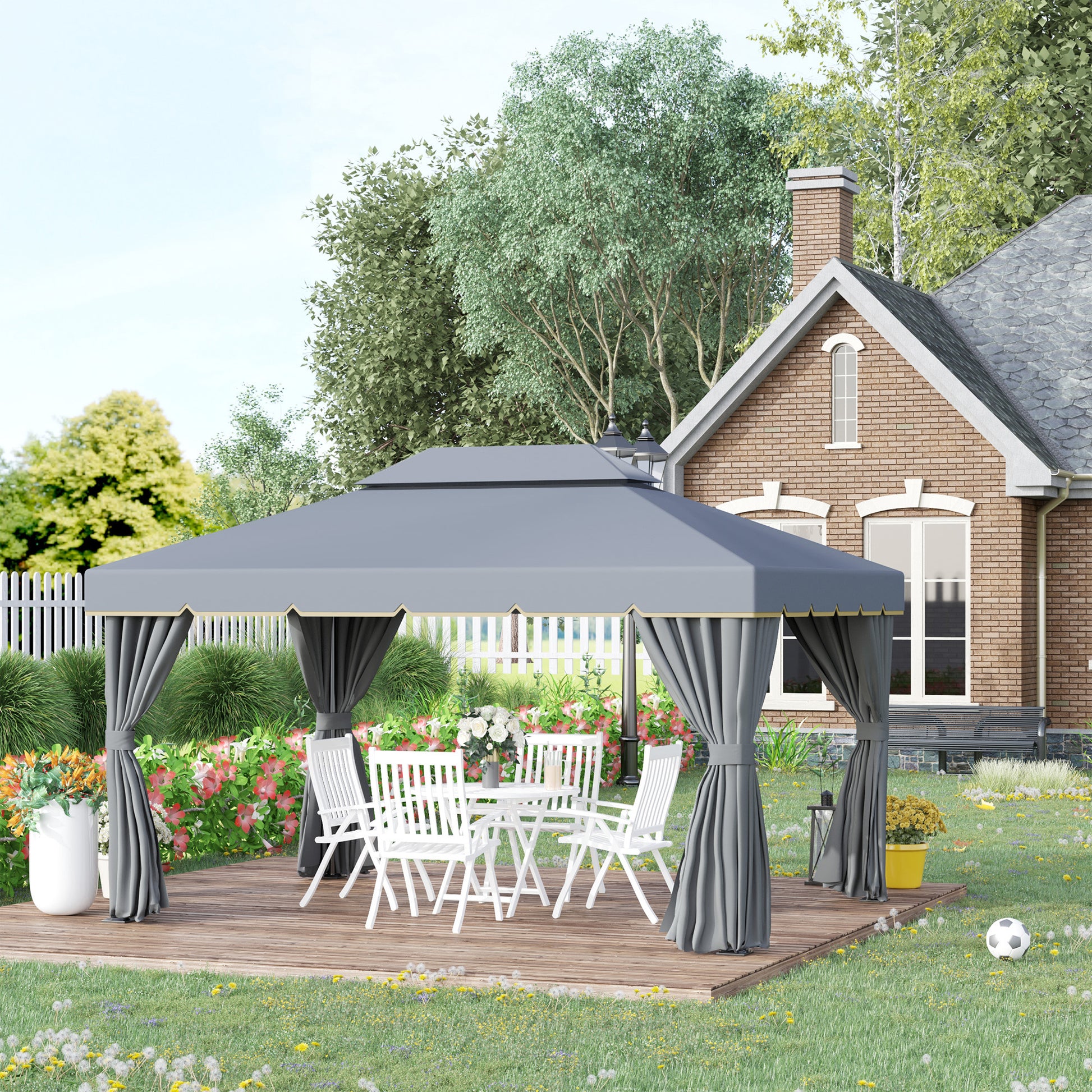 13' x 10' Patio Gazebo Canopy with 2-Tier Polyester Roof, Vented Mesh Sidewall & Strong Aluminum Frame, Grey