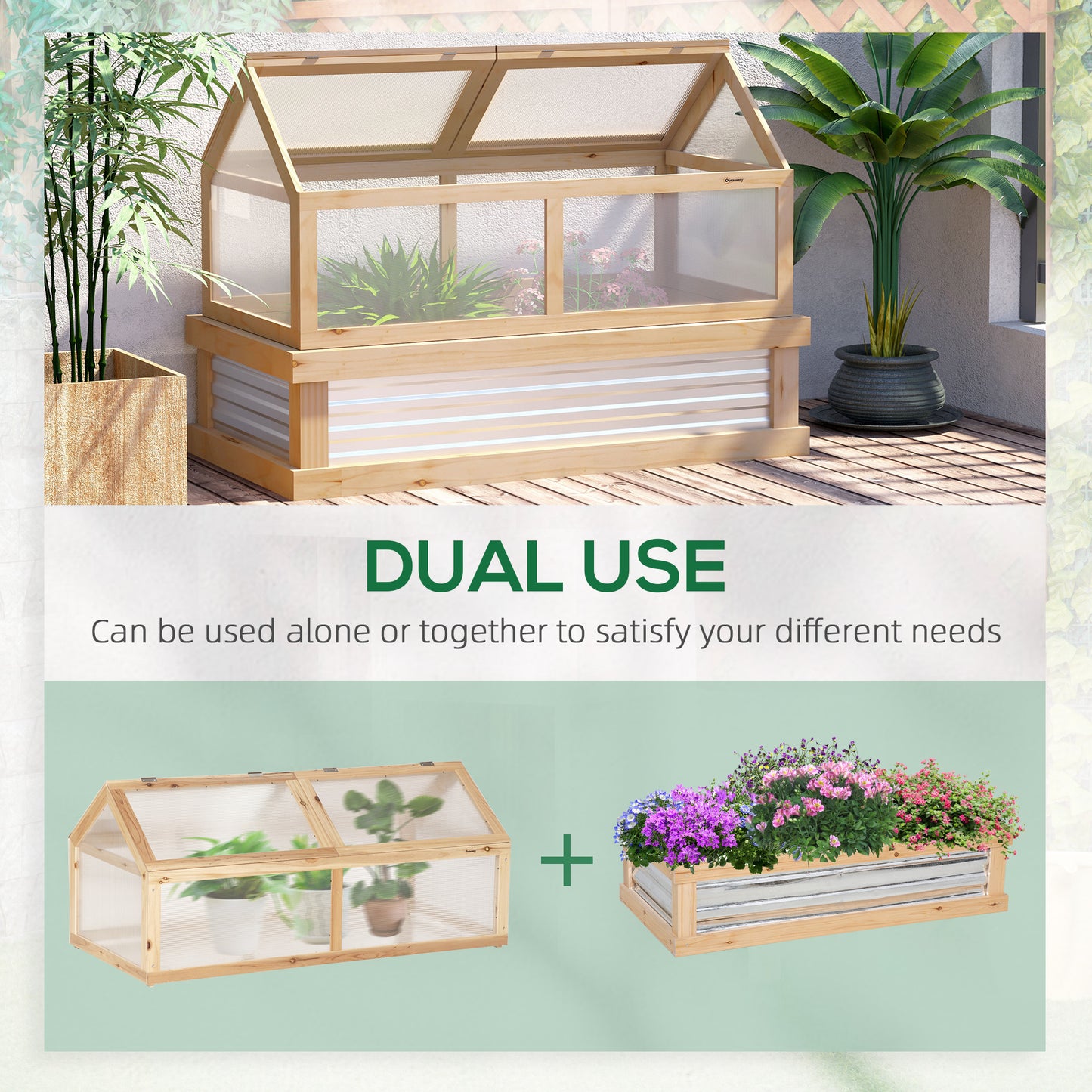 Raised Garden Flower Bed Kit with Greenhouse, Wooden Cold Frame Planter with Open Roofs, 48" x 24" x 32", Natural