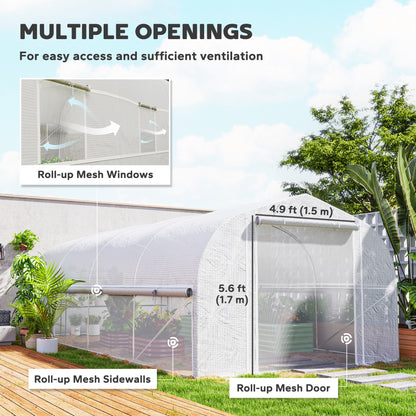 19.5' x 10' x 6.6' Tunnel Greenhouse Outdoor Green House with Roll-up Mesh Sidewalls, Mesh Door, Galvanized Steel, Wind Resistant, White