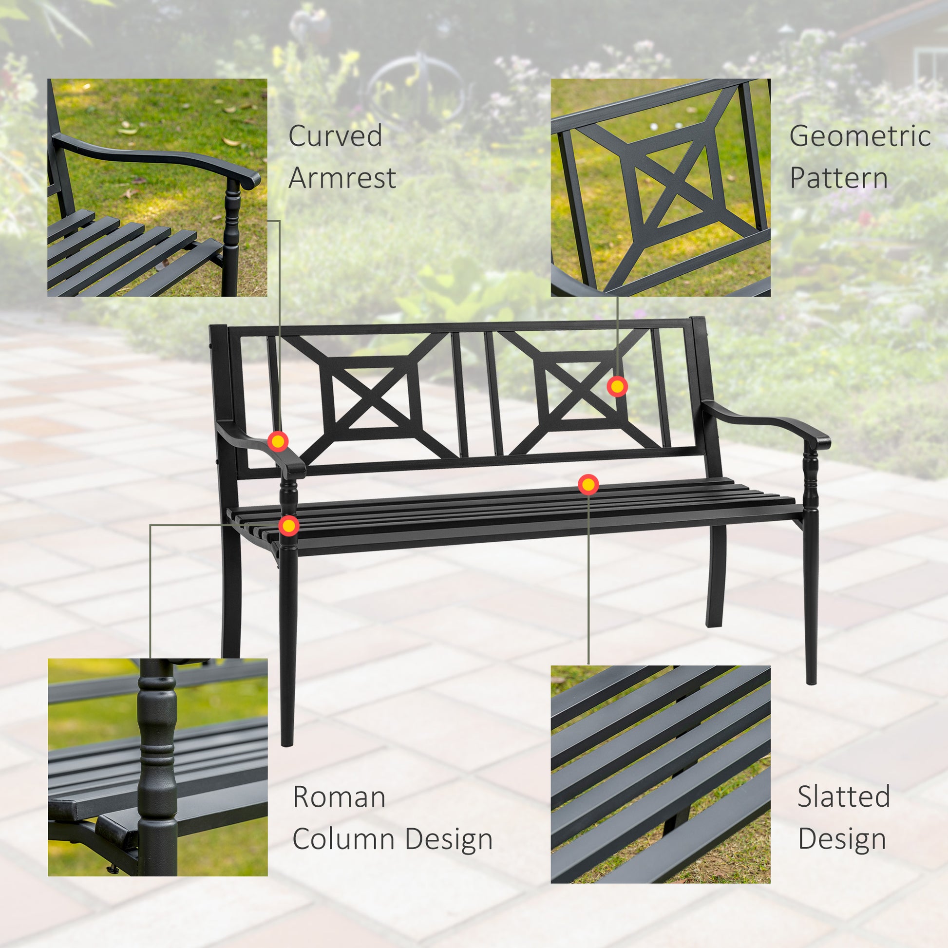 Steel Garden Bench for Outdoor, 2-person Patio Bench, Loveseat Furniture for Lawn, Deck, Yard, Porch, Entryway, Black