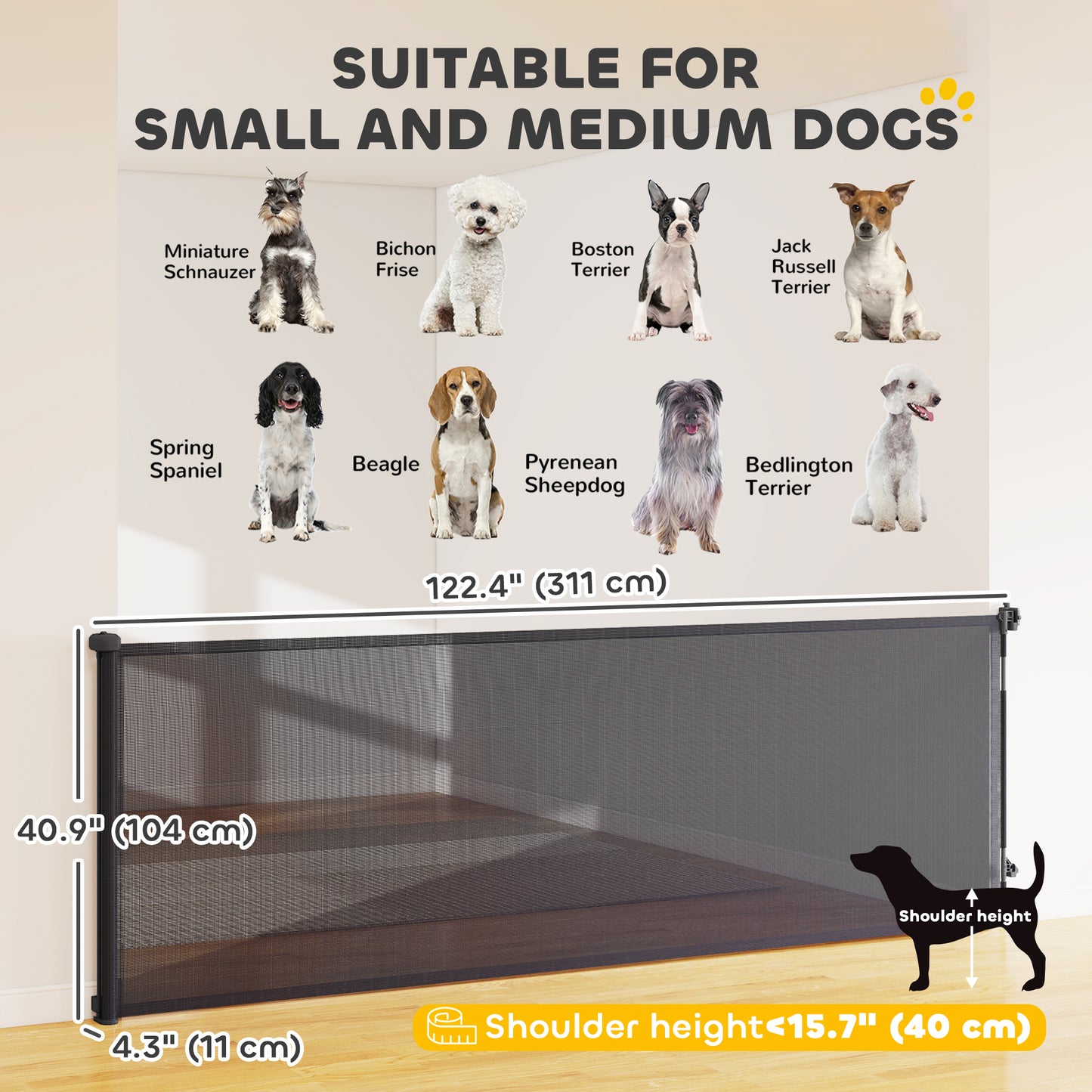 Retractable Dog Gate, 41" Tall, Extends to 122" Wide, Mesh Pet Gate with Single Hand Operation, for Stairs, Doorways