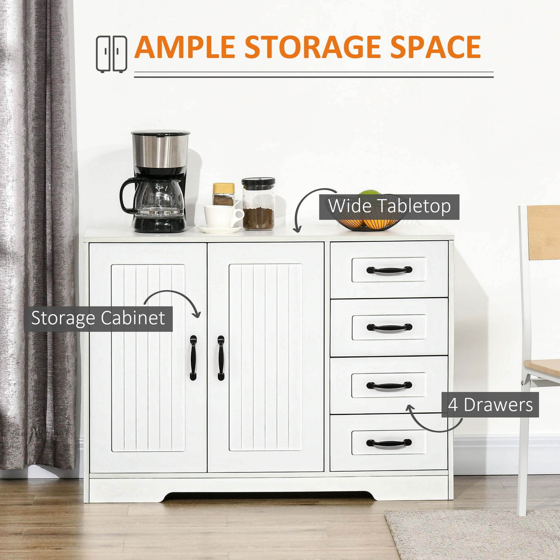 Modern Sideboard Buffet Cabinet with Drawers and Beadboard Door Cupboard Kitchen Storage Cabinet White