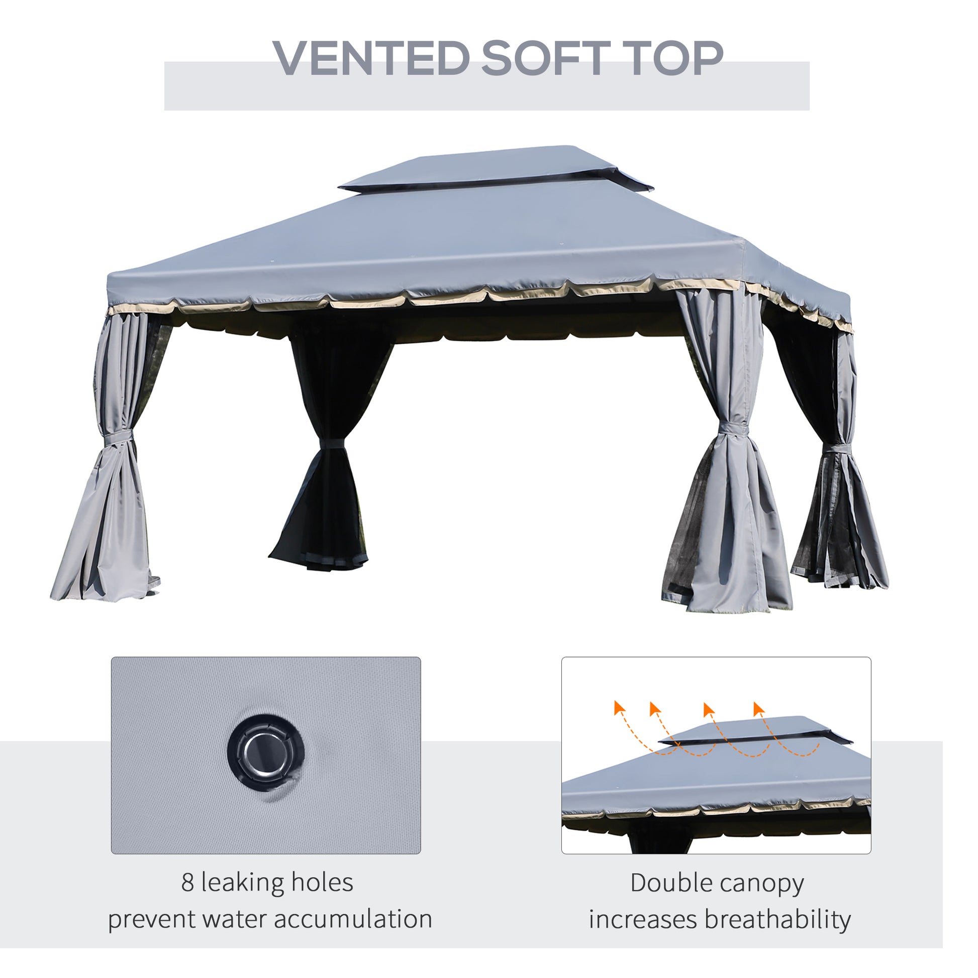 13' x 10' Patio Gazebo Canopy with 2-Tier Polyester Roof, Vented Mesh Sidewall & Strong Aluminum Frame, Grey