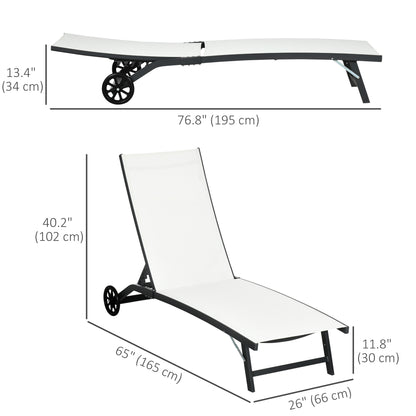 Outdoor Lounge Chair Set of 2, Tanning Chair with Wheels, Breathable Mesh for Patio, Backyard, Poolside, Cream White