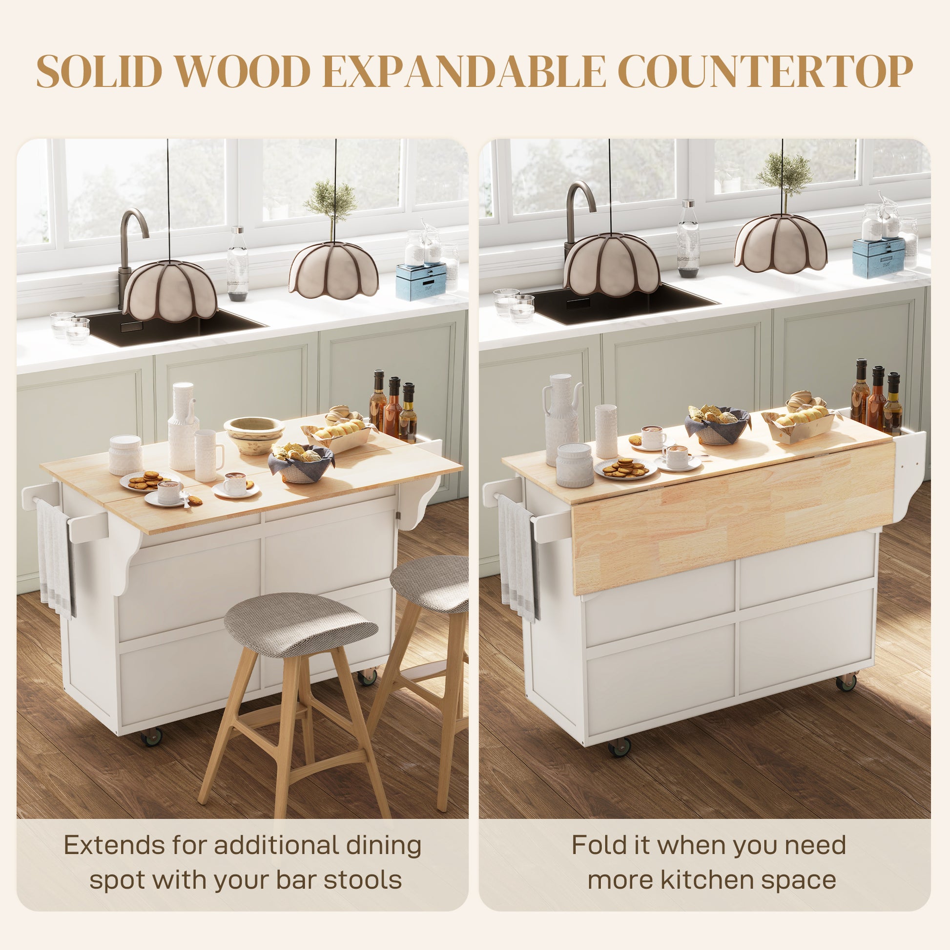 Kitchen Island with Storage, Rolling Kitchen Island with Drop Leaf, Rubber Wood Top and Adjustable Shelves, Cream White