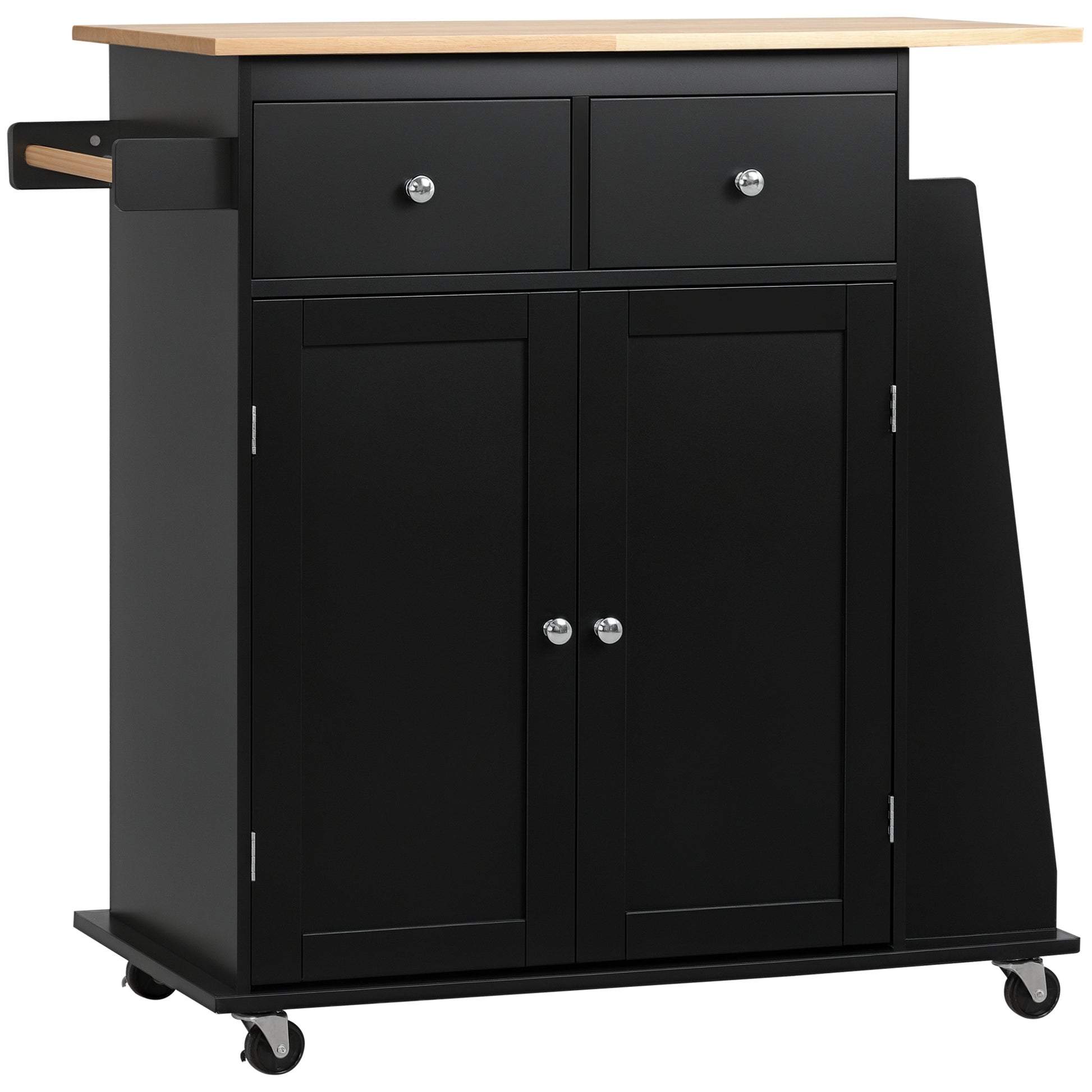 Rolling Kitchen Island Trolley Storage Cart with Rubber Wood Top, 3-Tier Spice Rack, Towel Rack Home Kitchen Carts, Black