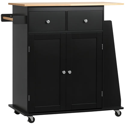 Rolling Kitchen Island Trolley Storage Cart with Rubber Wood Top, 3-Tier Spice Rack, Towel Rack Home Kitchen Carts, Black