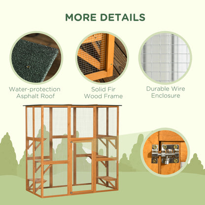 71" x 39" x 71" Cat Cage, Large Outdoor Wooden Cat Patio with 6 Balanced Platforms and Asphalt Roof, Orange