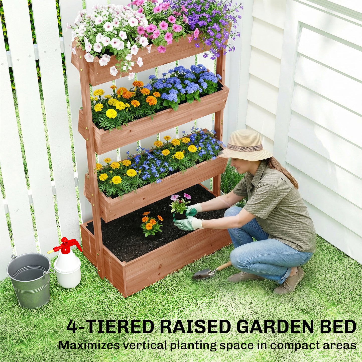 4-Tier Raised Garden Bed, 33.5" x 18" x 55" Vertical Wooden Outdoor Planter Box with Drainage Holes and Fabric Liner