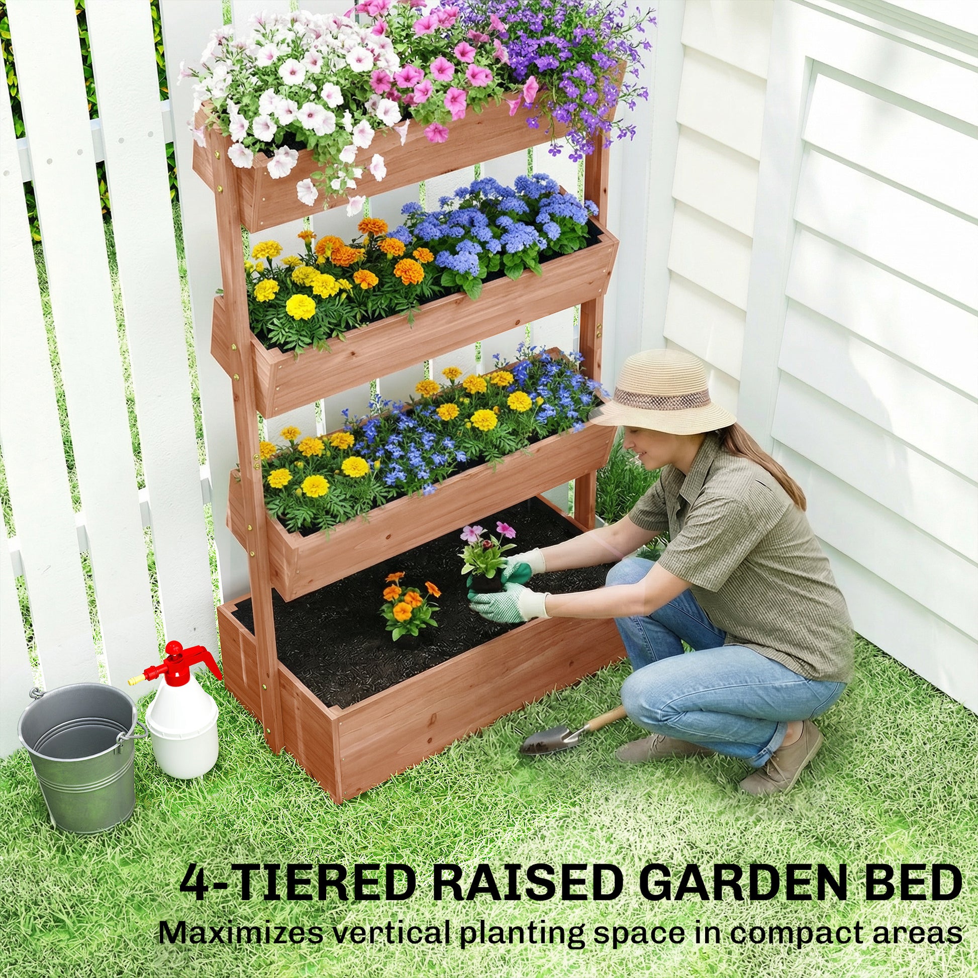 4-Tier Raised Garden Bed, 33.5" x 18" x 55" Vertical Wooden Outdoor Planter Box with Drainage Holes and Fabric Liner