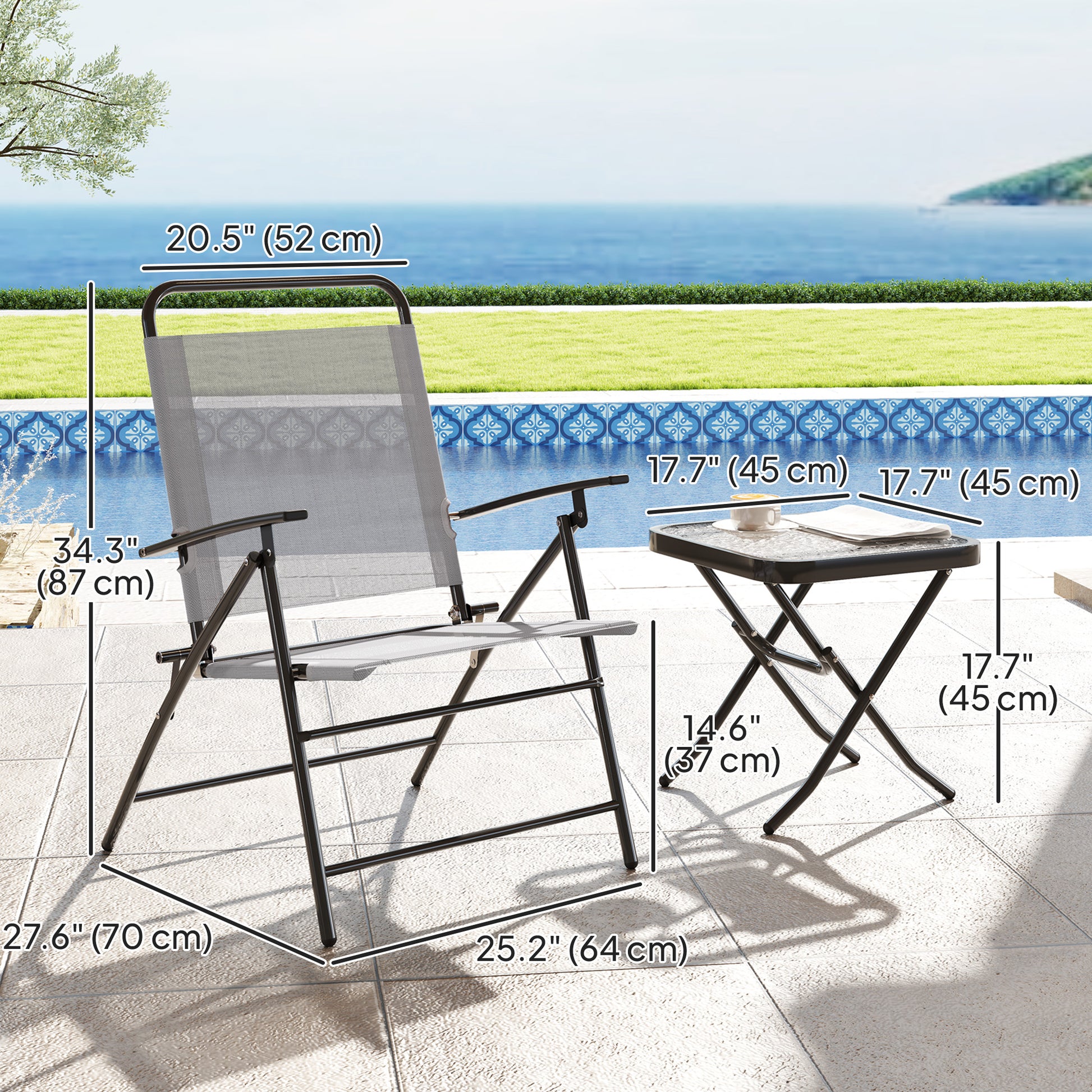 Folding Bistro Set, Small Patio Set with Back Adjustable Chairs and Glass Top Table for Garden, Balcony, Porch, Grey