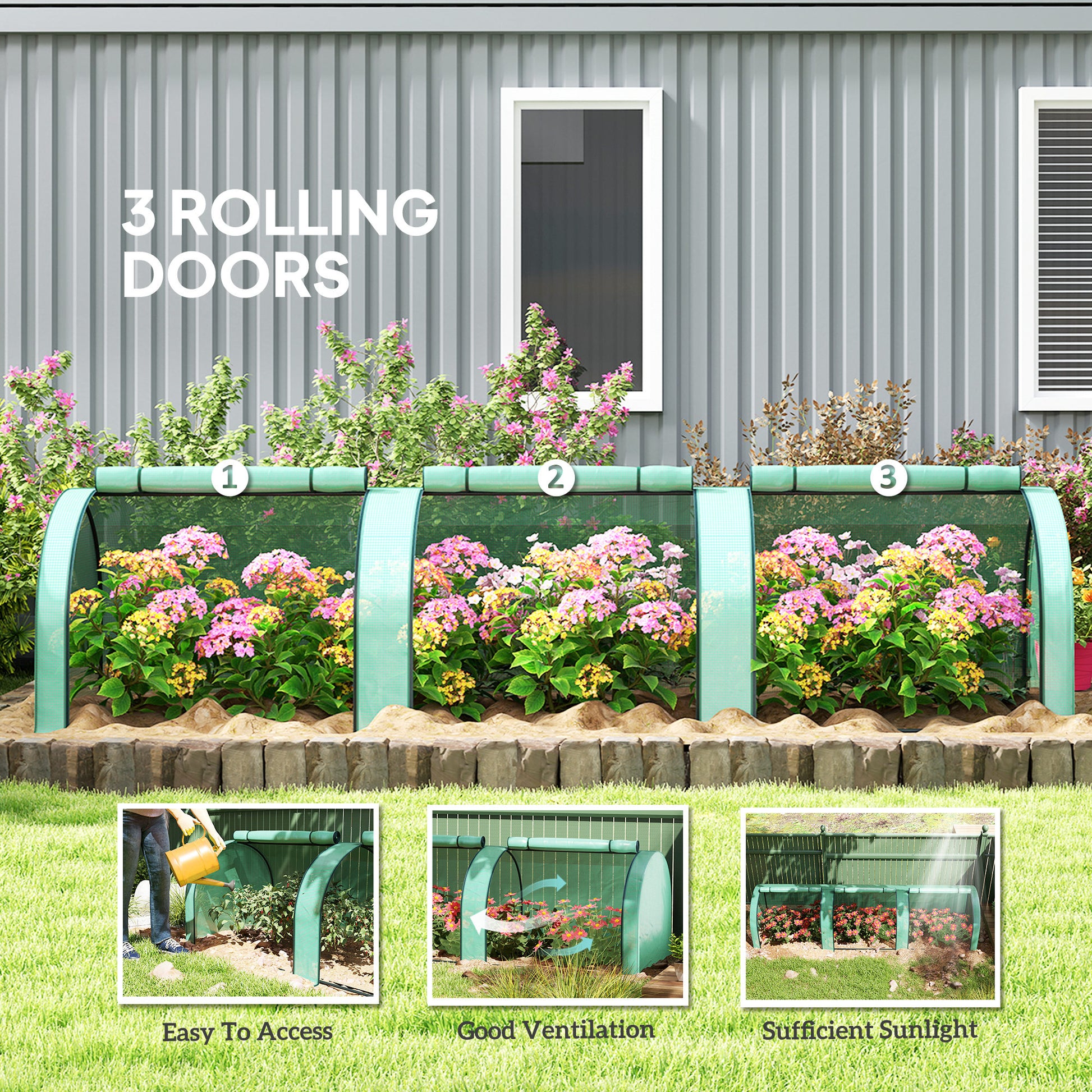 Mini Tunnel Greenhouse with PE Cover Garden Green Grow Shed with Steel Frame Zipped Doors, Green