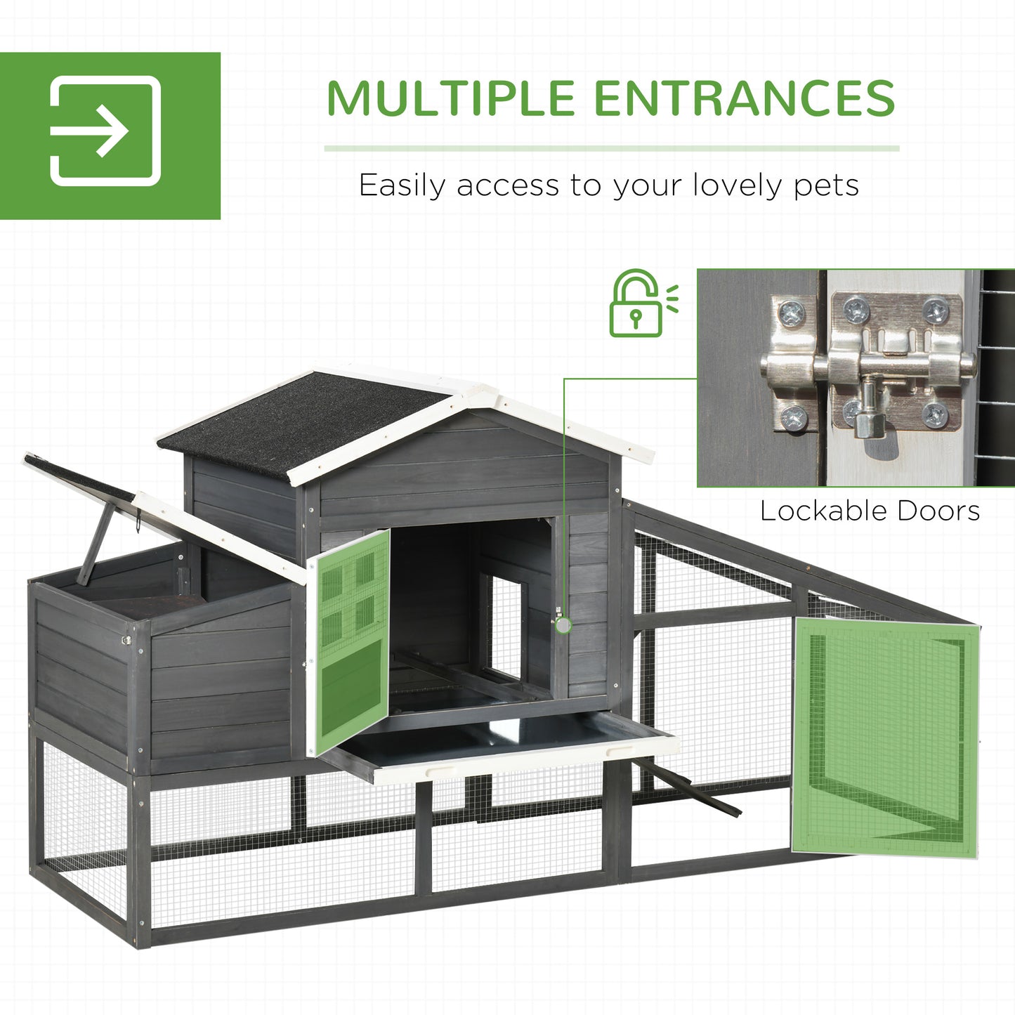 79" Wooden Chicken Coop, Outdoor Hen House, Poultry Habitat with Removable Tray, Nesting Box, Run, Ramp, Grey