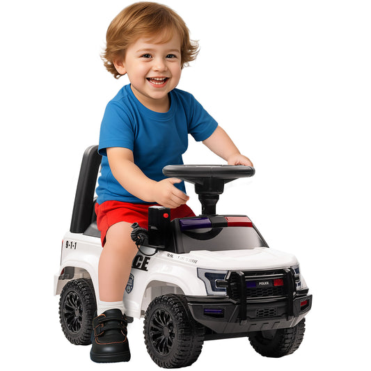 Aosom Kids Ride On Sliding Car with Hidden Under Seat Storage, Ride On Police Car for Toddler with Megaphone, Anti Dumping Device, Removable Backrest, Foot-to-Floor Design, White
