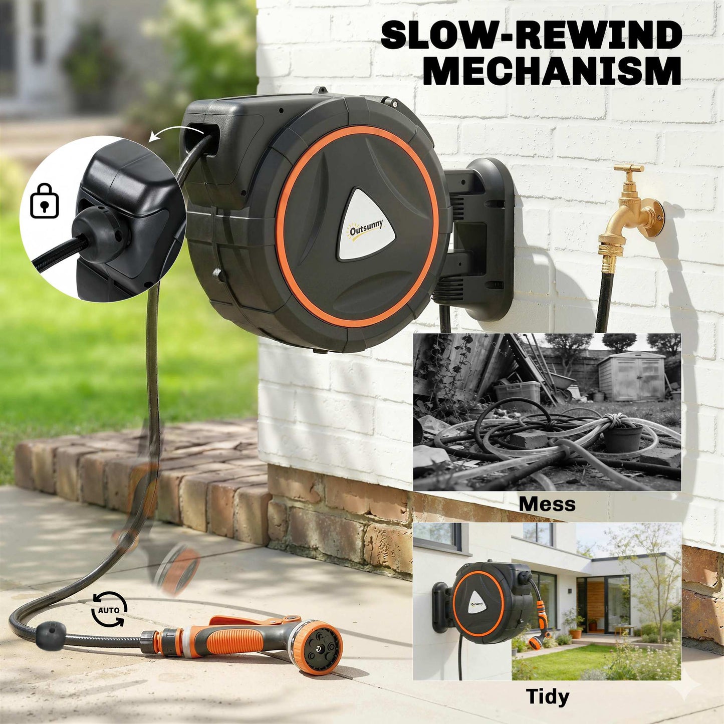 Retractable Garden Hose Reel, 1/2" x 92ft Wall Mounted Hose Reel with 12-Pattern Nozzles, Auto Retraction, Self-Locking