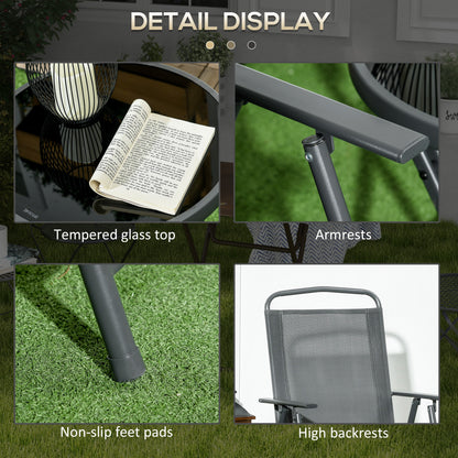 3 Pieces Bistro Set, Foldable Patio Furniture Set with Mesh Chairs, Glass Table for Garden, Balcony, Charcoal Grey