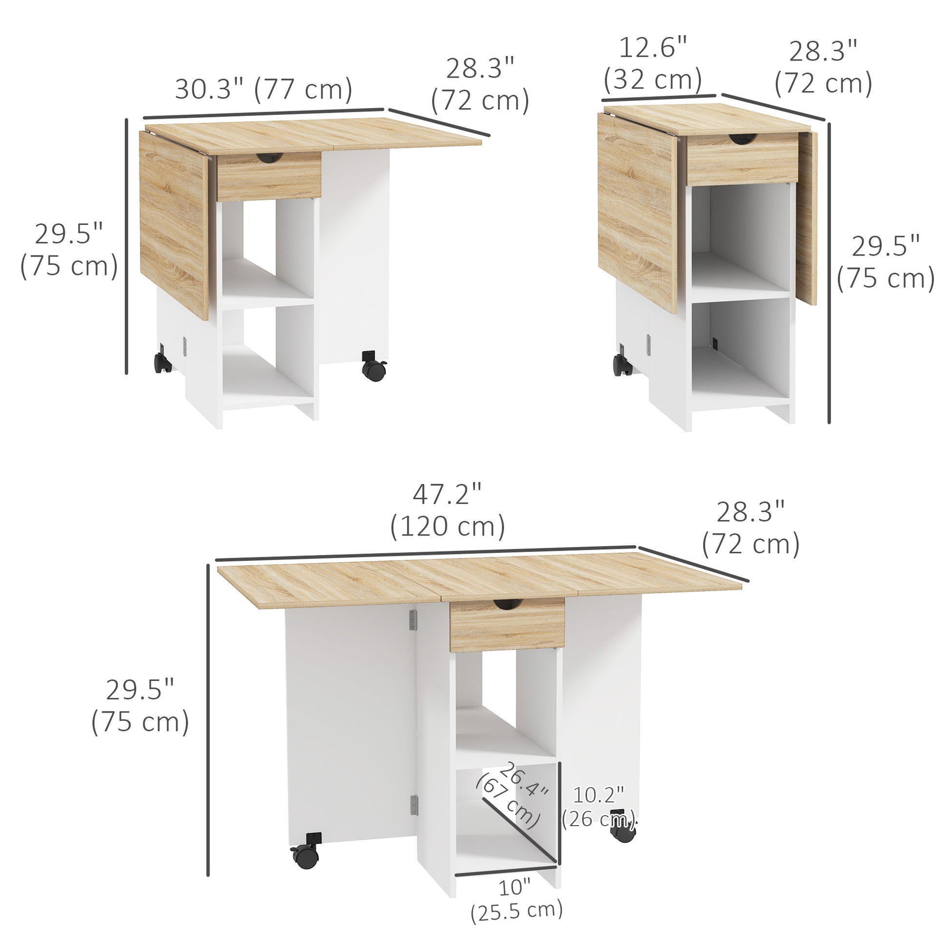 Folding Dining Table, Space Saving Drop Leaf Table with Drawer and Storage Shelves for Kitchen, Dining Room, Oak