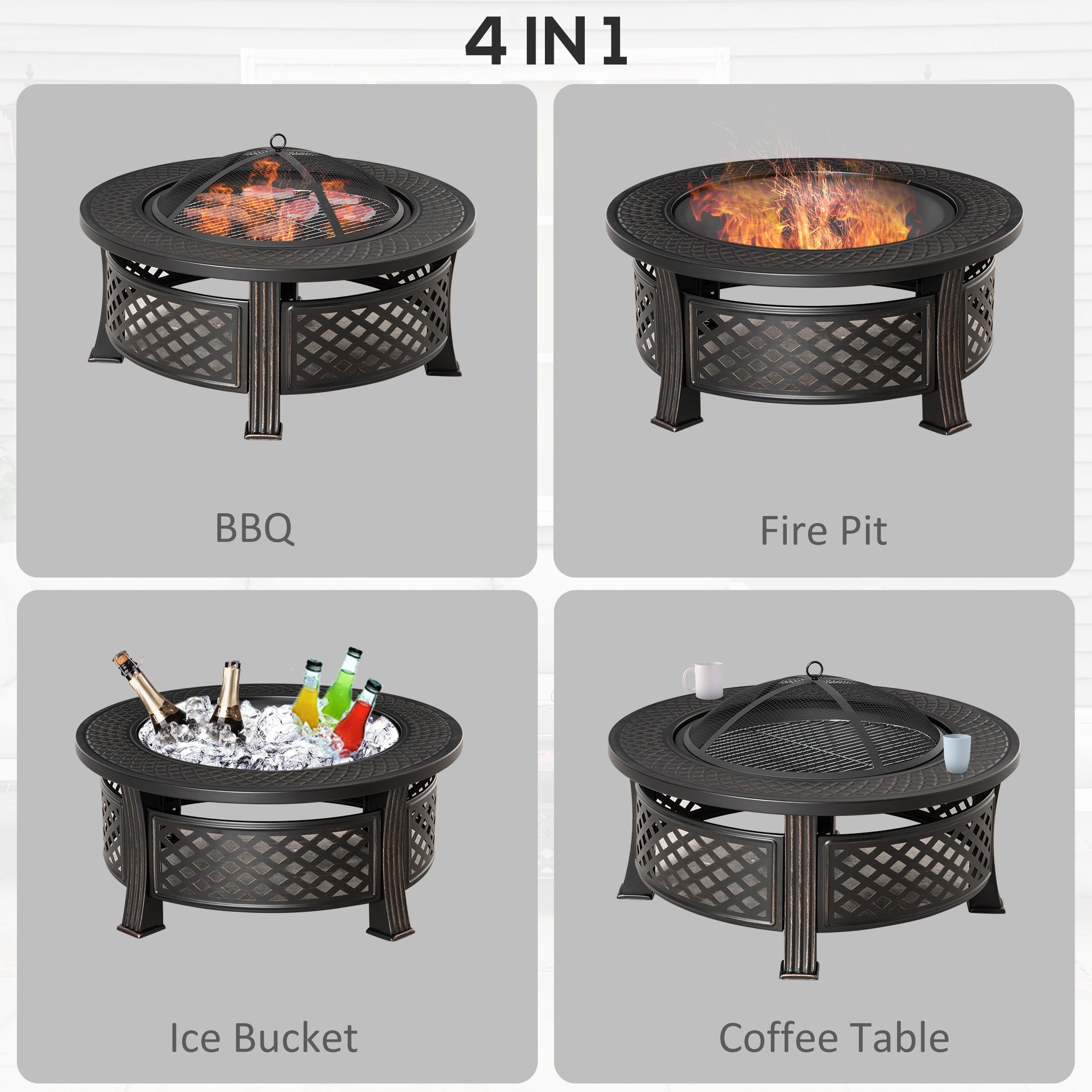 Outdoor Fire Pit, Firepit with Grill Net, Mesh Lid, Poker, for Camping, Bonfire, Picnic, Bronze