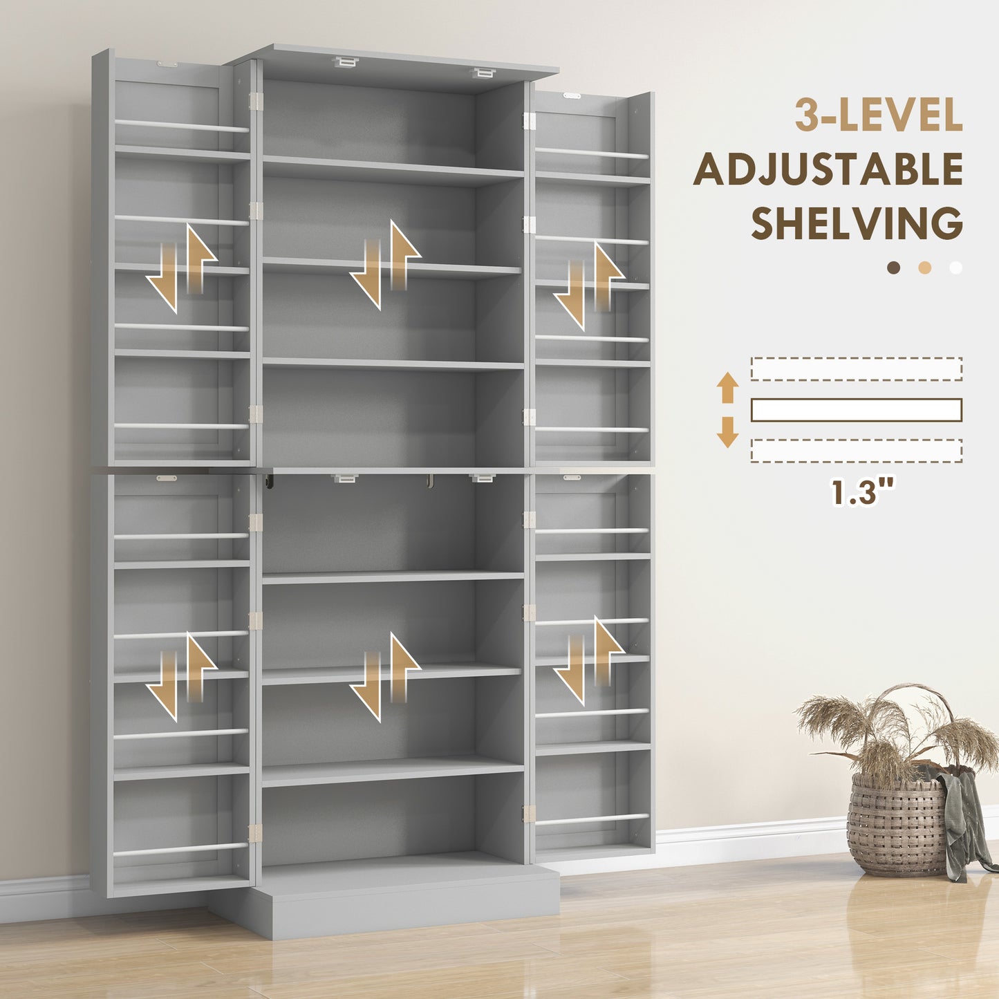 65" Kitchen Cabinet, Kitchen Pantry Cabinet with 4 Doors and 16 Door Shelves for Dining Room, Grey