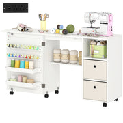 Rolling Sewing Machine Table with Power Outlet, Folding Craft Table with 2 Fabric Drawers, 2 Bins and 18 Pegs, White