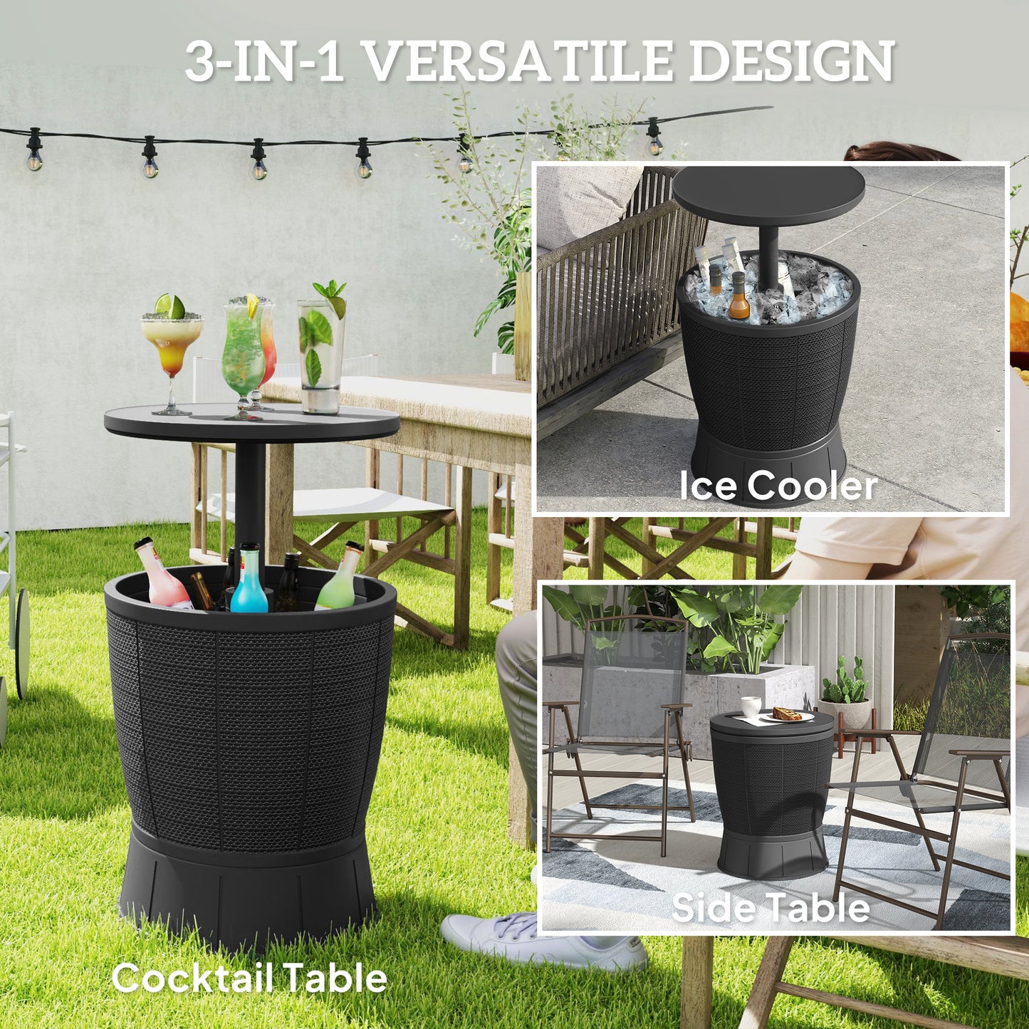 11 Gallon Patio Cooler Side Table, Outdoor Cooler Bar Table with Height Adjustable Top, Drainage Plug, Black