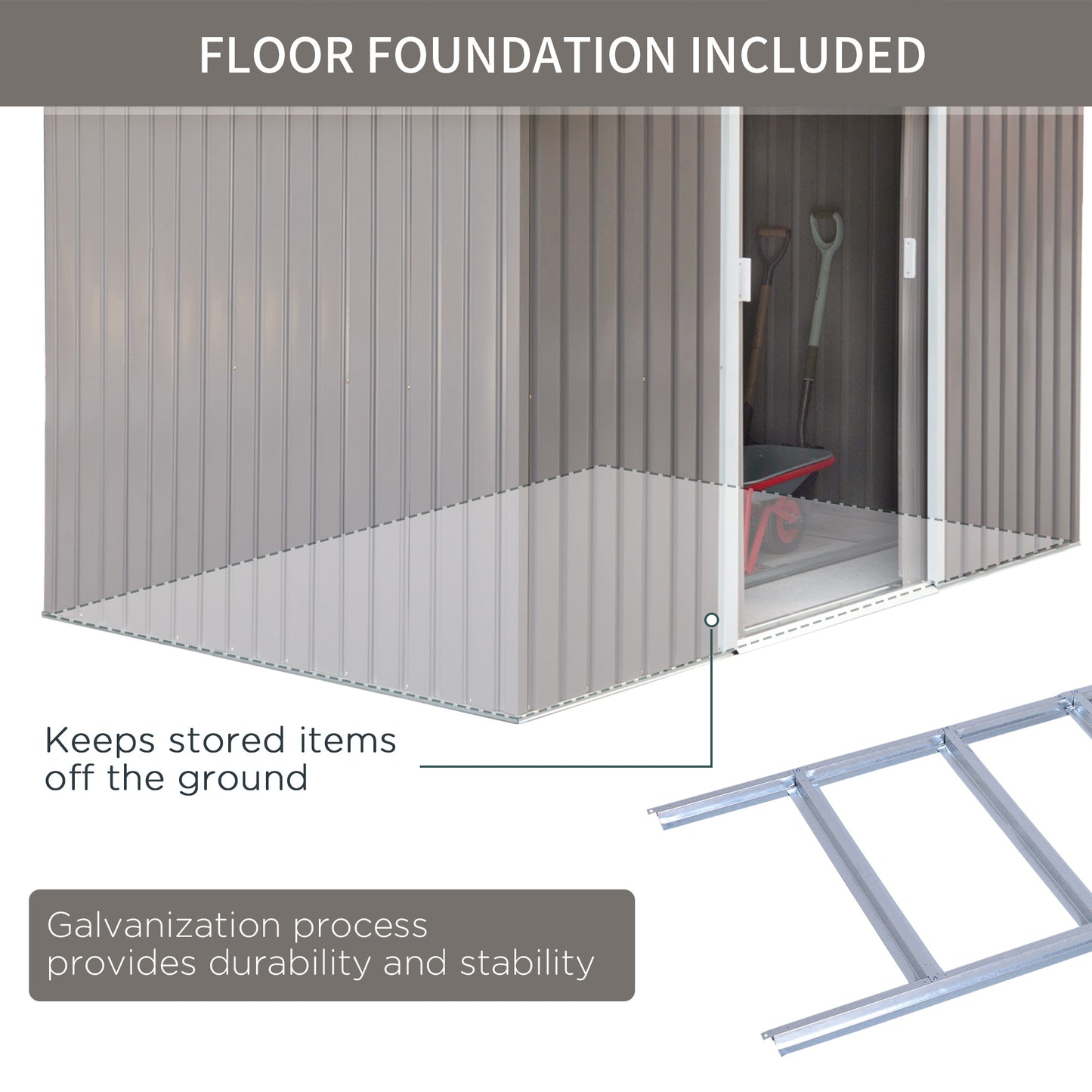 9'x6.3'Garden Storage Outdoor Shed w/ Floor Foundation Outdoor Yard Metal Tool Storage House Grey White