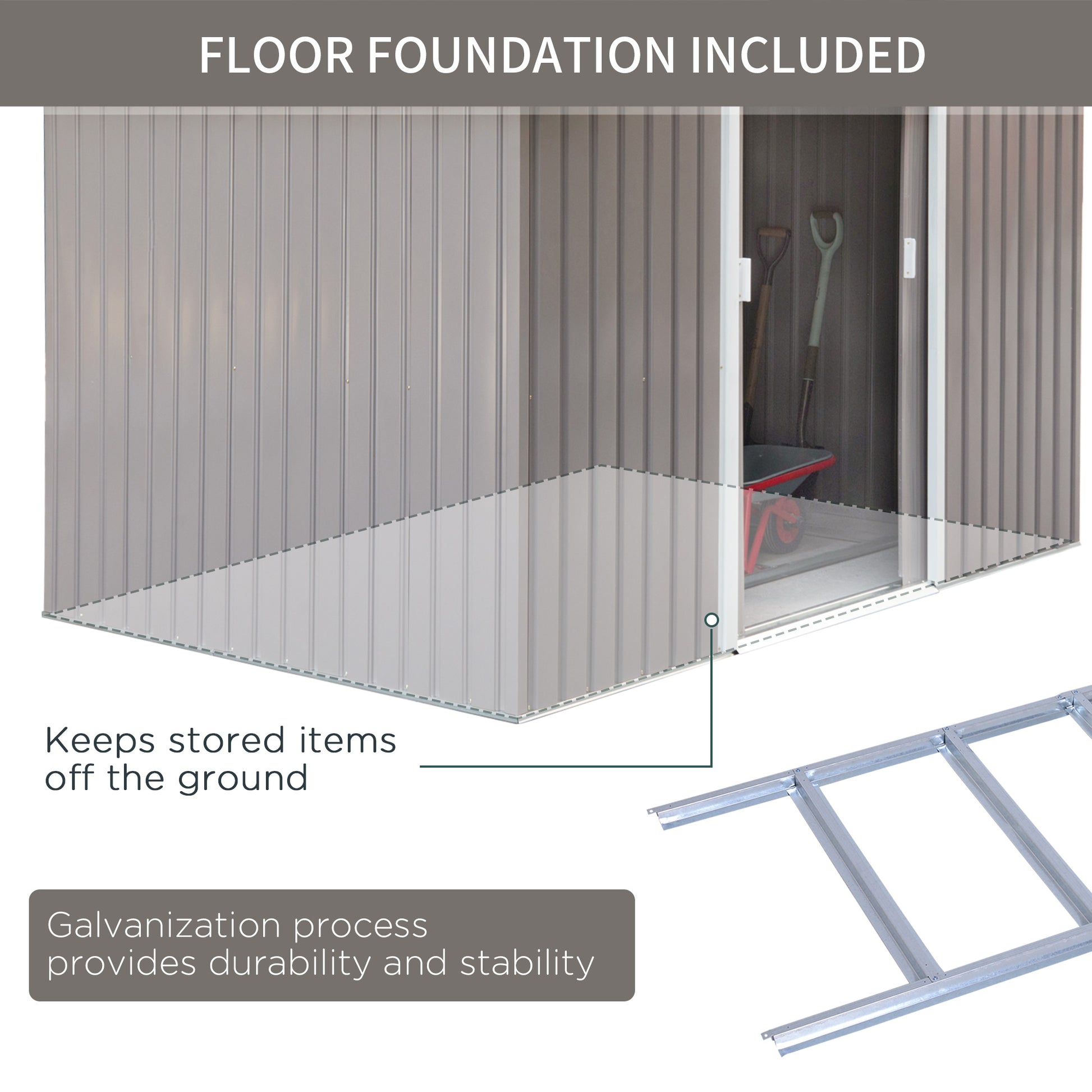 9'x6.3'Garden Storage Outdoor Shed w/ Floor Foundation Outdoor Yard Metal Tool Storage House Grey White