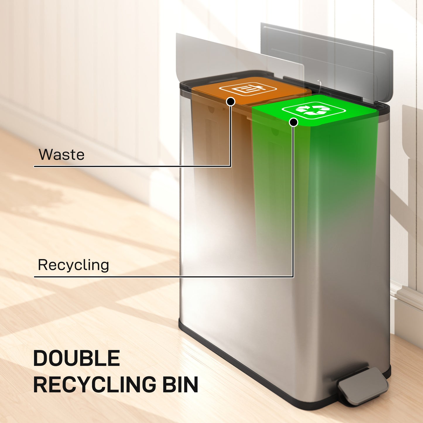 Dual Trash Can with Soft-Close Lid, Garbage Can with Removable Inner Bucket for Kitchen 14.8gal, Silver