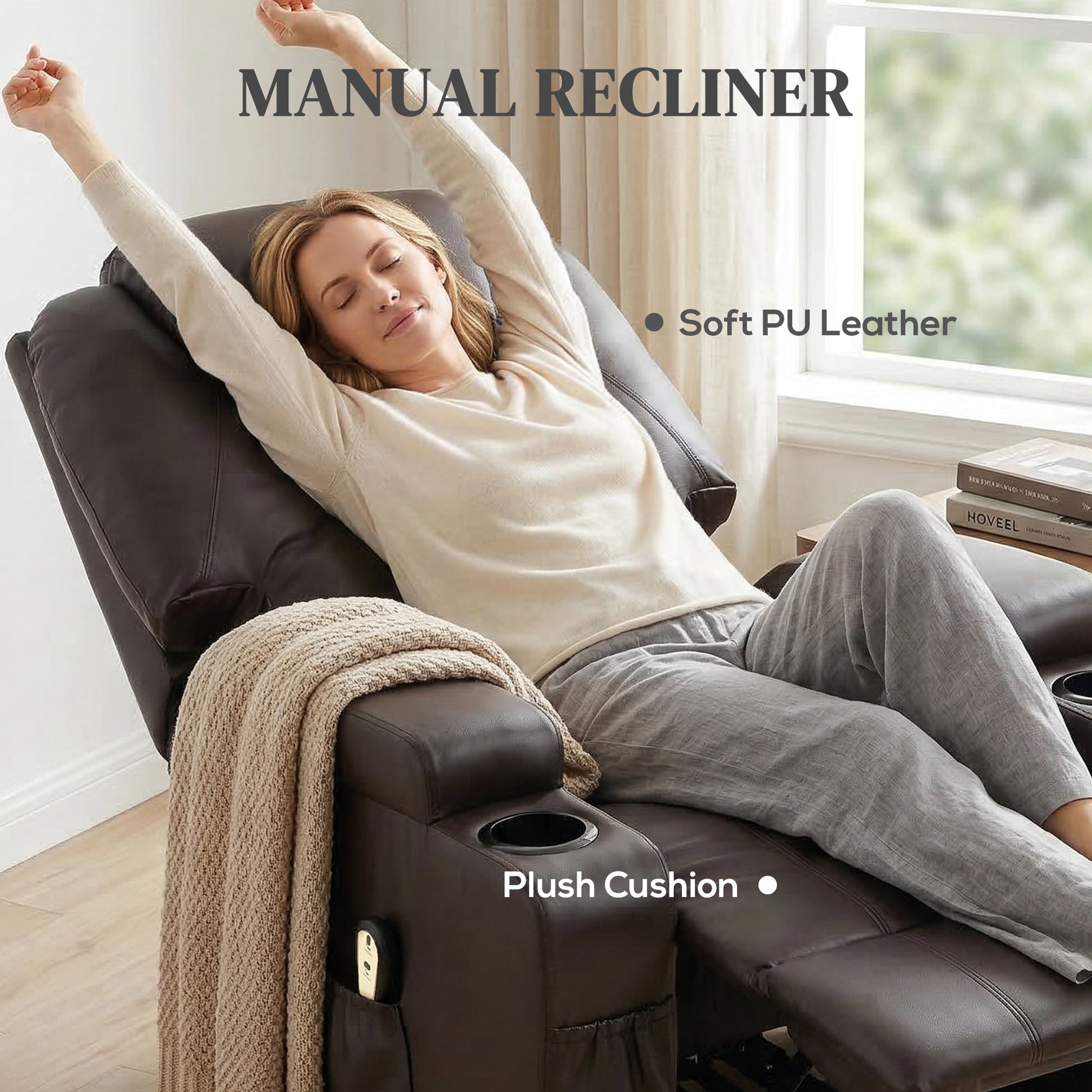 Power Lift Recliner Chair for Elderly, PU Leather Lift Chair with Thick and High Back, Footrest, Remote, Side Pockets, Cup Holders, Reclining Sofa for Living Room, Brown