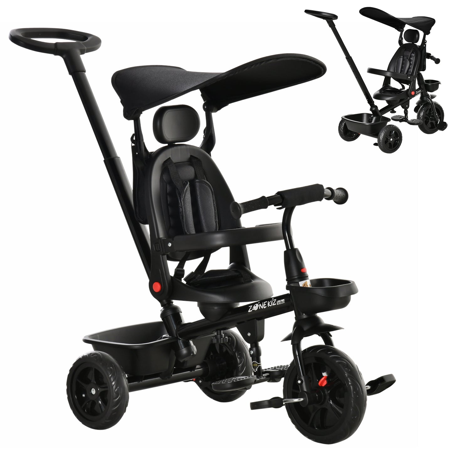 Qaba Tricycle for Toddler 4 in 1 Kids Trike, Converts Stroller to Toddler Bike, Adjustable Backrest & Flat Canopy, Detachable Guardrail & Handle for 1-5 Years Old, Black