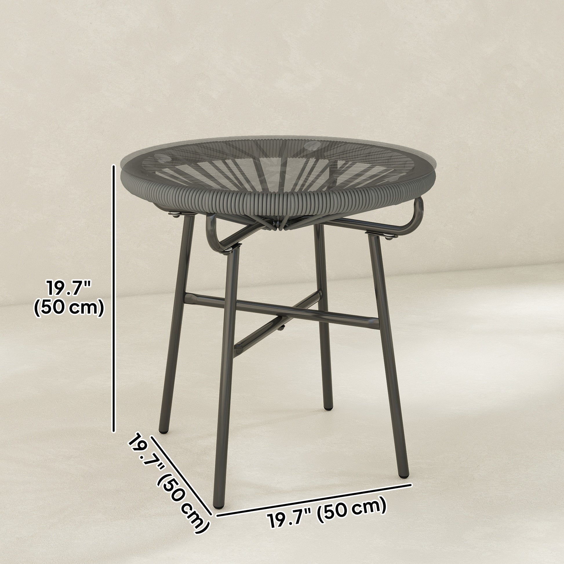 Rattan Side Table, Round Outdoor Table, with Round PE Rattan and Tempered Glass Table Top for Patio, Garden, Dark Grey