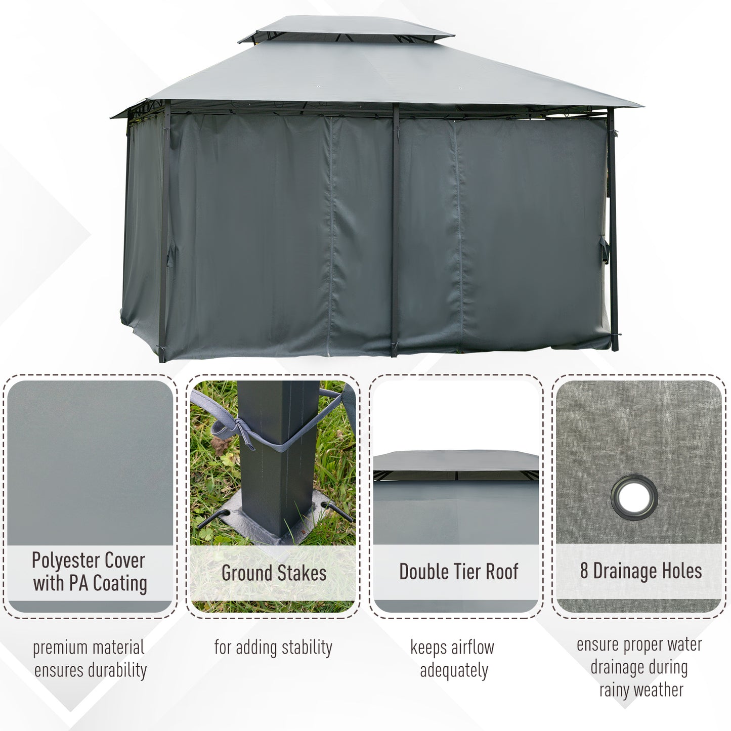 13'L x 10'W x 8.7'H Patio Gazebo Outdoor 2-Tiers Garden Canopy Yard Sunshade Shelter with Curtains, Grey
