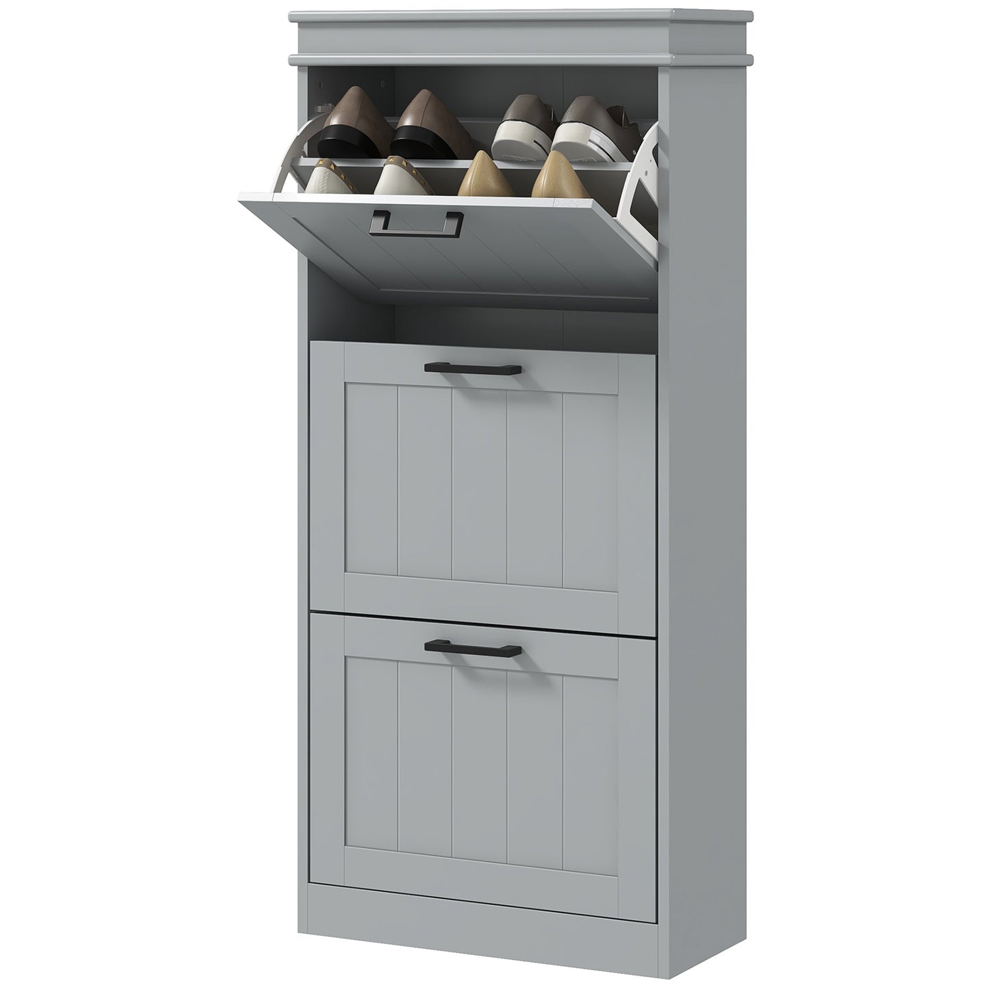 Slim Shoe Cabinet with 3 Flip Drawers and Adjustable Shelves, Narrow Shoe Cabinet for 15 Pairs of Shoes, Grey