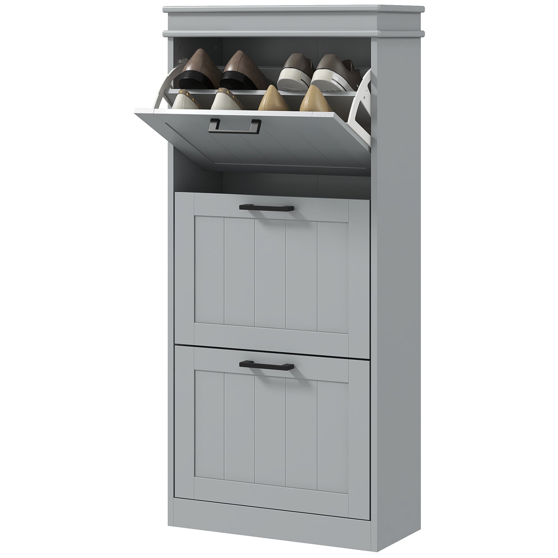Slim Shoe Cabinet with 3 Flip Drawers and Adjustable Shelves, Narrow Shoe Cabinet for 15 Pairs of Shoes, Grey