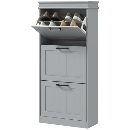 Slim Shoe Cabinet with 3 Flip Drawers and Adjustable Shelves, Narrow Shoe Cabinet for 15 Pairs of Shoes, Grey