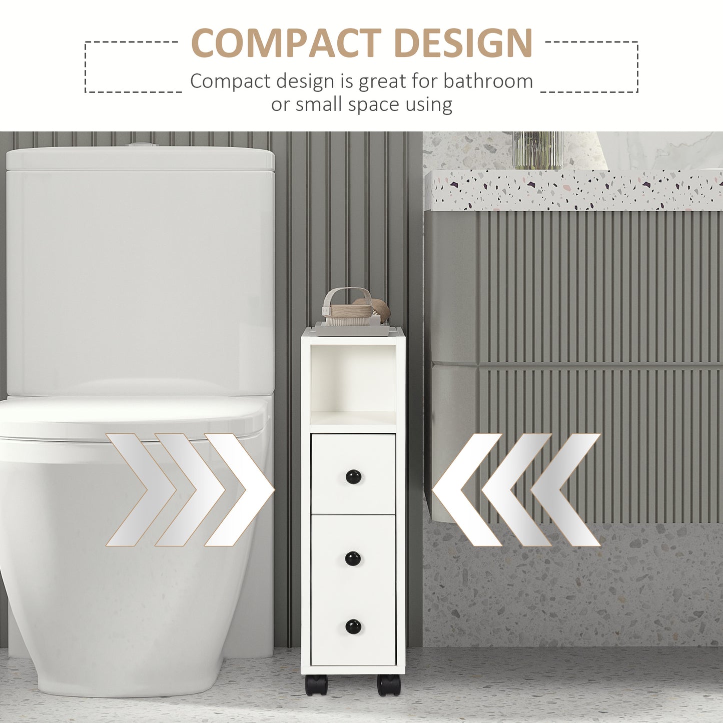 Slim Bathroom Cabinet with Wheels, Narrow Bathroom Storage Cabinet with Door, Drawer and 2 Open Compartments, White