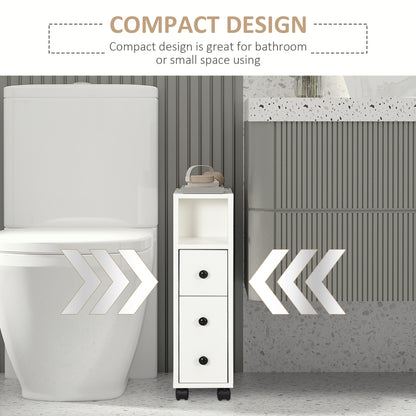 Slim Bathroom Cabinet with Wheels, Narrow Bathroom Storage Cabinet with Door, Drawer and 2 Open Compartments, White