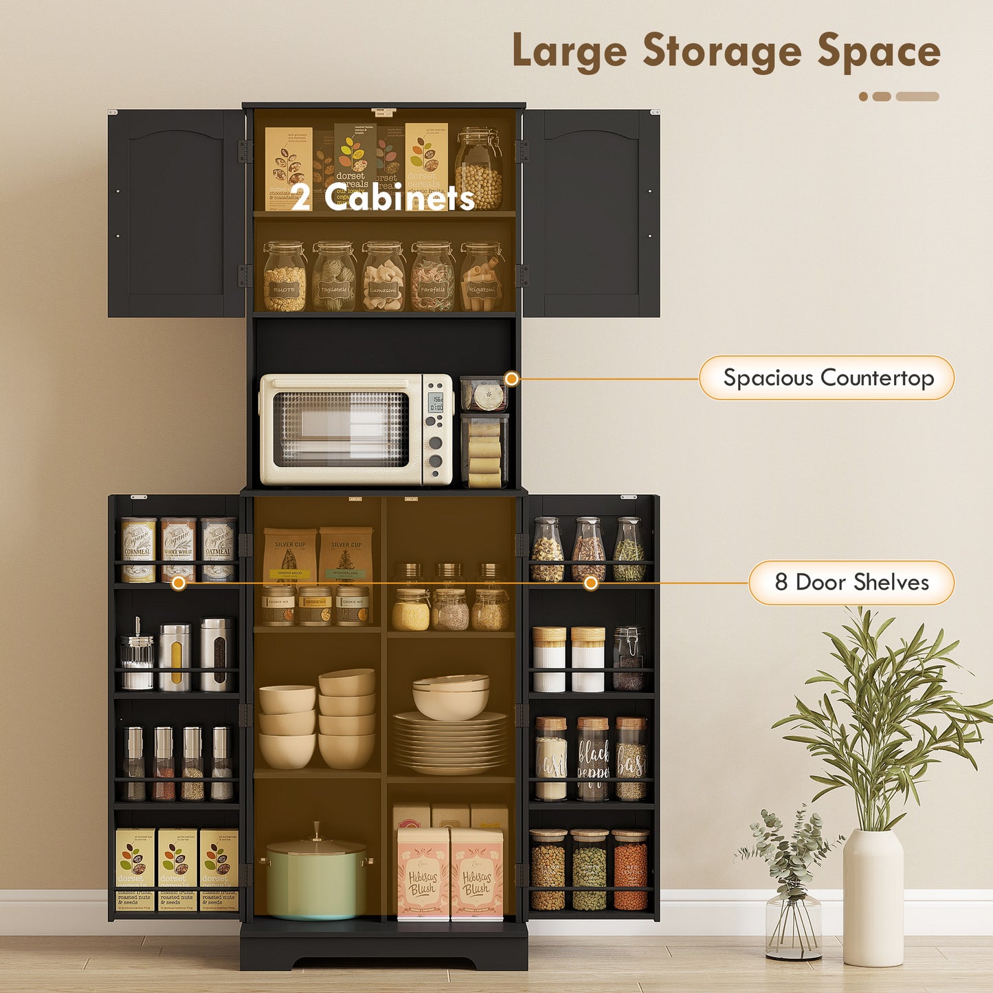 71.5" Tall Pantry Cabinet, Farmhouse Kitchen Storage Cabinet with Adjustable Shelves, 8 Door Spice Racks, Black