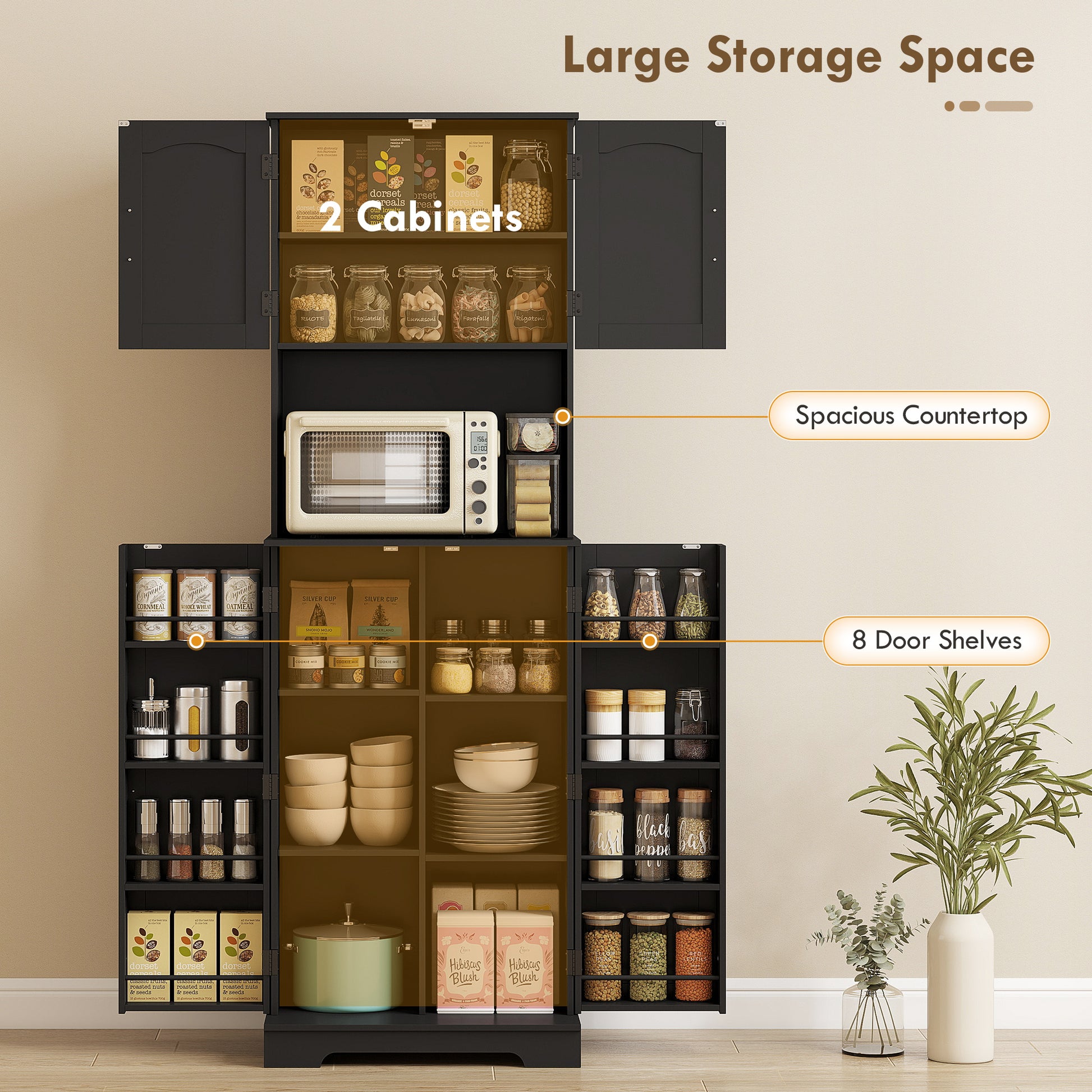 71.5" Tall Pantry Cabinet, Farmhouse Kitchen Storage Cabinet with Adjustable Shelves, 8 Door Spice Racks, Black