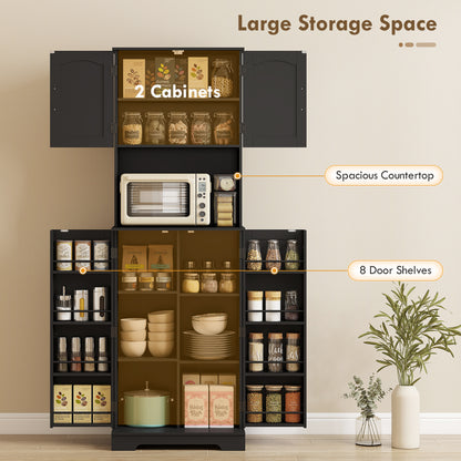 71.5" Tall Pantry Cabinet, Farmhouse Kitchen Storage Cabinet with Adjustable Shelves, 8 Door Spice Racks, Black
