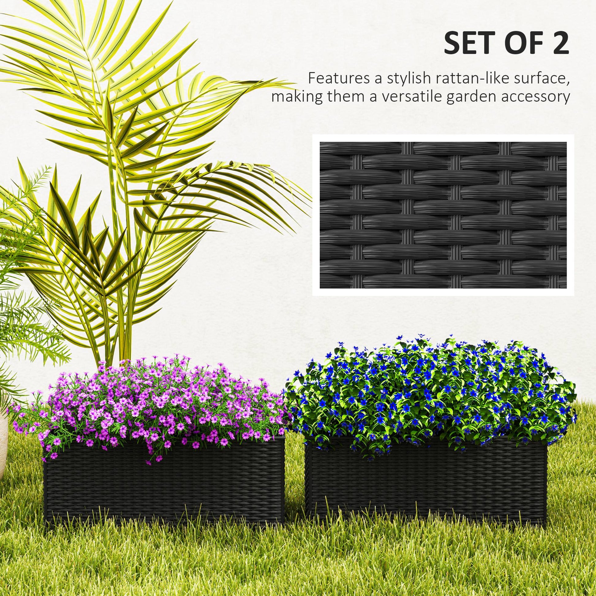 2 Pack 20 Inch Hanging Flower Pots, Railing Planter Box for Fence, Garden, Rattan Look, Black